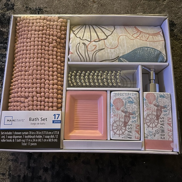 Other - Bath set shower curtains, bath rug, soap dispenser, soap dish toothbrush holder